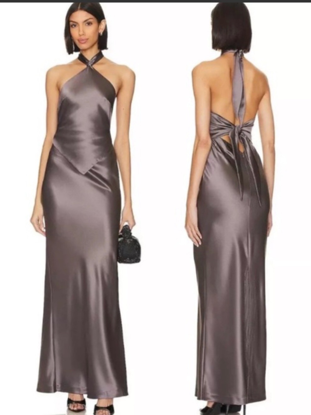 Retrofete Satin Halter Tie-Back Maxi Gown — Steel Gray